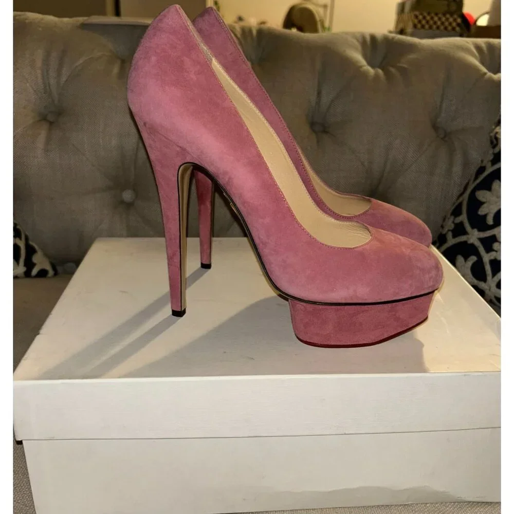 NIB $895 Charlotte Olympia Eternally Dolly Suede Platform Pump Pink Size 10